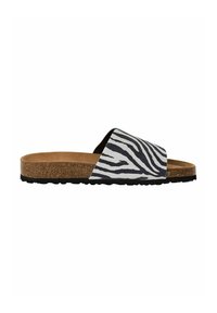 Sandaler med slide-design i zebrastriber i sort og hvid, en korkfodse børste og en struktureret sort gummisål.