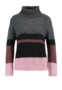 Sweter dziergany z wysokim golfem, w pionowe kolorowe pasy w odcieniach szarości, czerni, burgundu i różu, z ściągaczami przy mankietach i dolnej krawędzi.