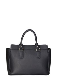 Sac à main en cuir noir avec une finition texturée, deux poignées robustes et des accents de quincaillerie dorée. Présente un design simple et structuré.