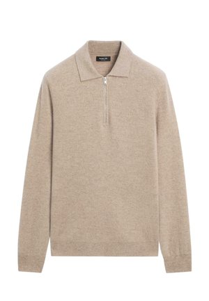 Béžový pletený svetr s límcem na zip, dlouhými rukávy a měkkou texturou; navržený pro přiléhavý střih.