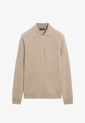 Beige knit pullover with a zippered mock collar, long sleeves, and a soft texture; designed for a fitted silhouette.