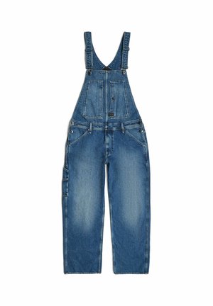 Denim overalls in blue with adjustable straps, front pockets, and a relaxed fit. Light fading and a textured fabric are visible.
