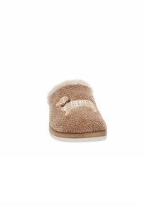 Pantofole marroni lavorate a maglia con colletto in pelliccia, caratterizzate da un design ricamato di bassotto beige, suola piatta e superficie texturizzata per il comfort.