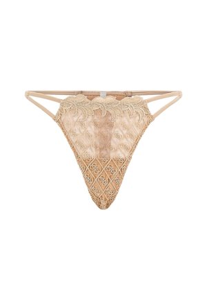 Beige string gemaakt van kant met een diamantpatroon, voorzien van geborduurde blaadjesaccenten langs de bovenrand en dunne zijkanten.