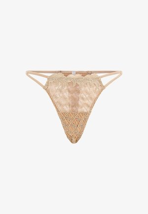 Bežični tanga izrađen od čipke s dijamantnim uzorkom, s izvezenim akcentima lista duž gornjeg ruba i tankim bočnim trakama.