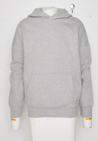 Sweat à capuche gris clair avec poche kangourou devant, manches longues et poignets côtelés, présenté sur un buste de mannequin blanc.