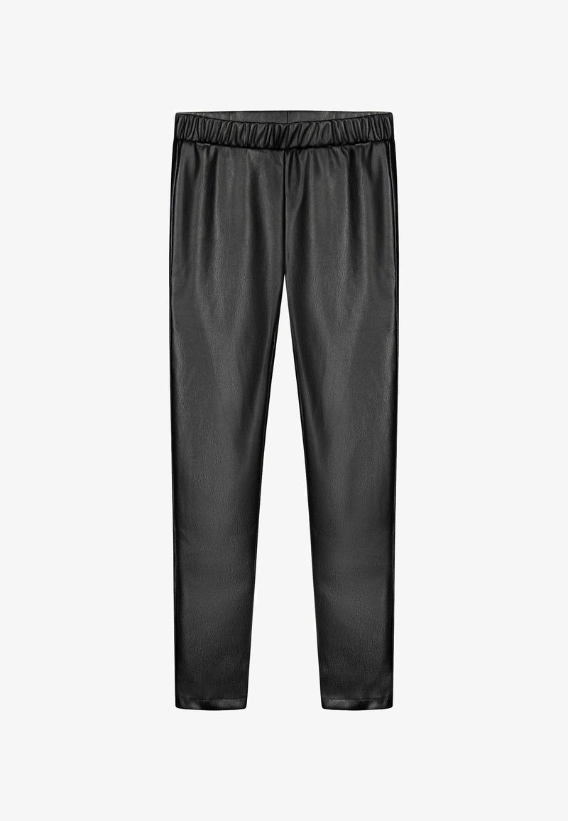 Pantalons en simili cuir noir avec une taille élastique, design fuselé, texture lisse et sans aucune quincaillerie ou motifs visibles.