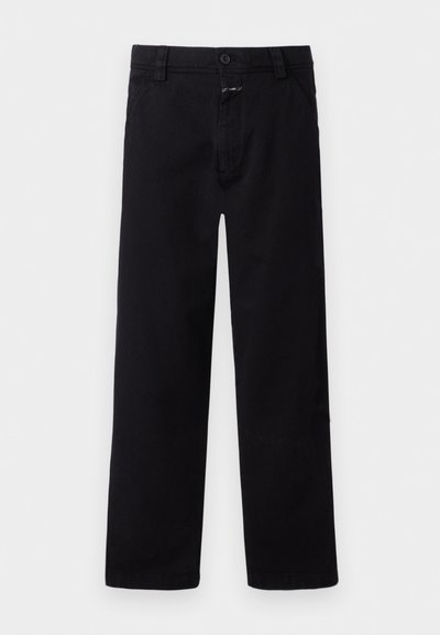 Black cotton trousers with a straight-leg design, featuring a front button and zip closure, and side pockets. Simple and versatile style.