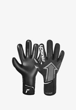 Guanti da portiere neri con una finitura liscia e lucida. Presentano un'area di presa texturizzata con un motivo a freccia bianca e dettagli del marchio.