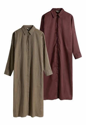 Two long-sleeve, collared midi dresses, one brown with thin black vertical stripes, the other solid burgundy, both with concealed button fronts.
