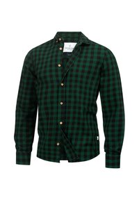 Zeleno-černá flanelová košile s dlouhými rukávy, knoflíkovou přední částí a dřevěnými knoflíky. Má klasický límec a rovný lem.
