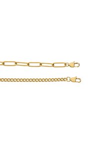 Złoty naszyjnik łańcuszkowy w dwóch stylach: smukłe wydłużone ogniwa oraz krótsze plecione ogniwa, oba z zapięciem na każdym końcu.