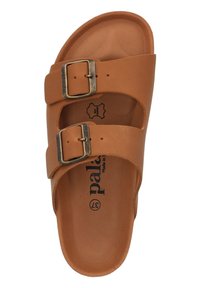 Sandali in pelle marrone con due cinturini regolabili e fibbie in metallo. Suola testurizzata e logo stampato sulla soletta.