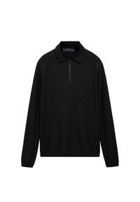 Pullover nero a maniche lunghe con colletto zip, caratterizzato da un motivo a maglia testurizzato e dettagli a costine nei polsini e nell'orlo.