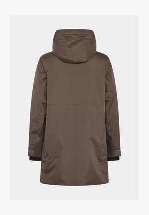 Braune wasserdichte Jacke mit Kapuze, glatter Textur, langen Ärmeln und Klettverschlüssen an den Bündchen; minimalistisches Design mit geradem Schnitt.