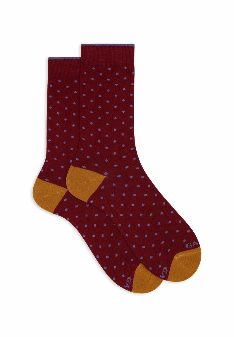 Pair of maroon socks with small light blue polka dots and contrasting mustard yellow heels and toes on white background.