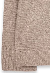 Light brown knitted sweater with a textured pattern, featuring ribbed cuffs and hem. Material appears soft and warm.