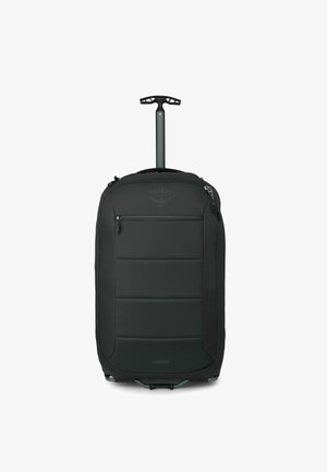 Maleta con ruedas Osprey en tela gris oscuro con costuras horizontales, mango retráctil y dos ruedas para mayor movilidad.