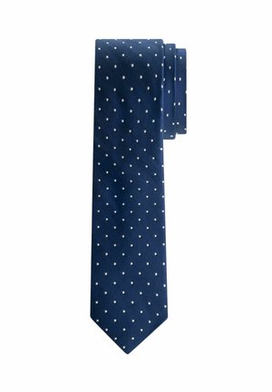 Cravatta blu navy con piccoli pois bianchi distribuiti uniformemente, mostrata piegata su sfondo bianco.