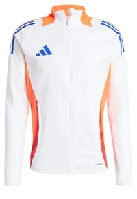 Giacca bianca con zip, decorata con accenti arancio e blu, dotata di un colletto alto, polsini a coste e pannelli in rete sui lati.
