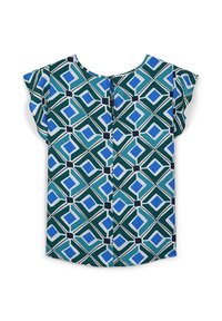 Blusa a maniche corte in tessuto leggero con motivo geometrico in tonalità di blu e verde, con apertura a chiave sul retro.