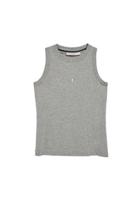 Maglietta senza maniche grigia in morbido tessuto, con colletto rotondo e un piccolo logo ricamato sul davanti. Tessuto liscio, design casual.