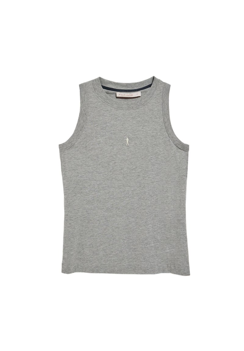 Maglietta senza maniche grigia in morbido tessuto, con colletto rotondo e un piccolo logo ricamato sul davanti. Tessuto liscio, design casual.
