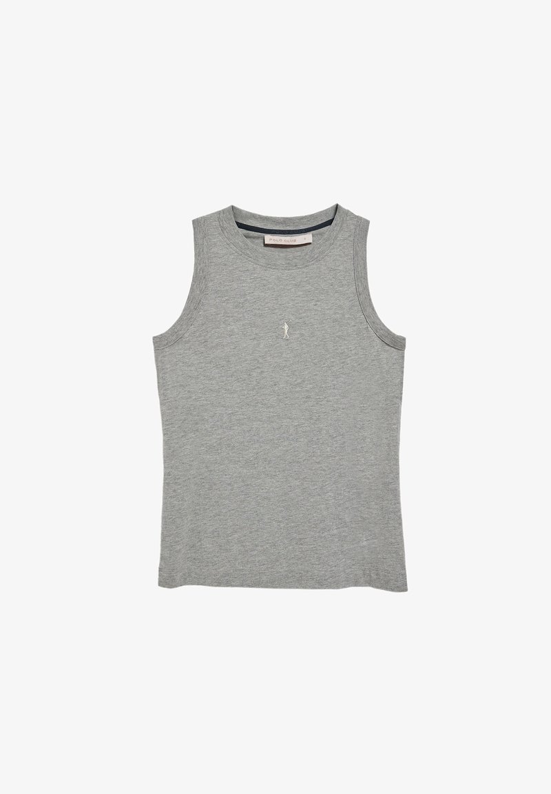 Camiseta sin mangas gris de tela suave, con cuello redondo y un pequeño logo bordado en el frente. Textura lisa, diseño casual.