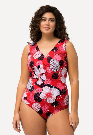 Roter einteiliger Badeanzug mit V-Ausschnitt, verziert mit rosa und weißen tropischen Blumenmustern und Schulterbändern. Glattes, elastisches Material.