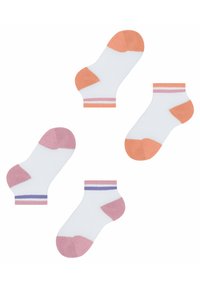 Weiße Knöchelsocken mit pinken und orangefarbenen Akzenten, die bunte Fersen- und Zehenbereiche sowie horizontale Streifen in Pink und Lila aufweisen.