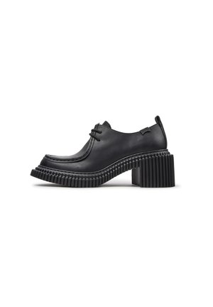 Black leather lace-up shoe with thick ribbed platform sole and block heel, designed for fashion and durability.