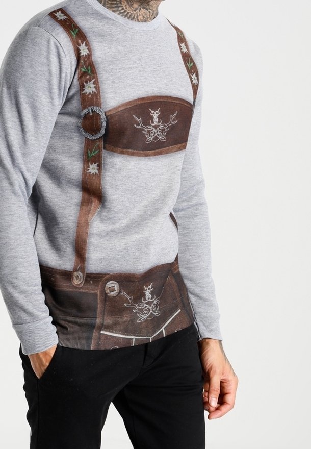 Gray sweatshirt featuring printed brown lederhosen design with floral accents and decorative buckle. Textured fabric simulates traditional attire.