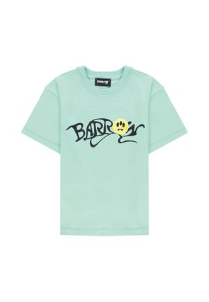 Maglietta a maniche corte verde menta con testo stilizzato nero "BARROW" e una faccina gialla sorridente con zanne al centro davanti.