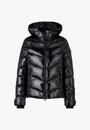 Zwarte, glanzende donsjas met capuchon. Voorzien van chevron-stiksels, ritssluiting aan de voorkant en zijzakken met rits. Getextureerde, geïsoleerde stof.