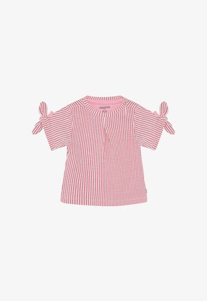 Roze gestreept shirt met korte mouwen en knoopdetails op de mouwen. Gemaakt van zachte stof, met een ronde halslijn en een geplooid ontwerp aan de voorkant.