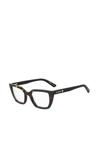 Occhiali rettangolari tartarugati nero e marrone con lenti trasparenti. Presentano la scritta dorata "LOVE MOSCHINO" su un lato e un dettaglio a forma di cuore.