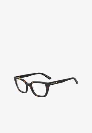 Occhiali rettangolari tartarugati nero e marrone con lenti trasparenti. Presentano la scritta dorata "LOVE MOSCHINO" su un lato e un dettaglio a forma di cuore.