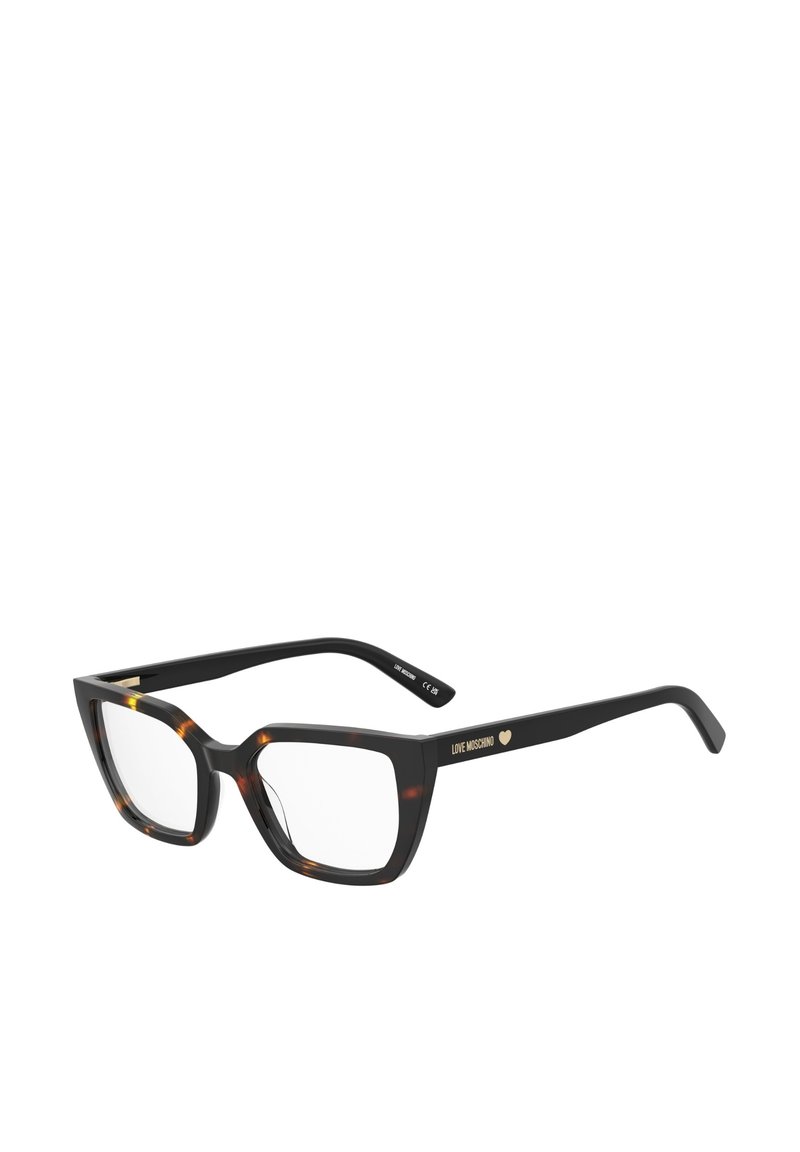 Occhiali rettangolari tartarugati nero e marrone con lenti trasparenti. Presentano la scritta dorata "LOVE MOSCHINO" su un lato e un dettaglio a forma di cuore.