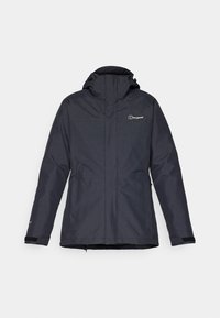 Dark gray waterproof jacket with a hood, zippered front, adjustable cuffs, and logo on the left chest. Features two side pockets.