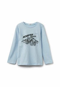 Modrá košile s dlouhým rukávem vyrobená z měkké bavlny, zdobená černým grafickým potiskem monster trucku a hor s textem "MONSTER SMASH."