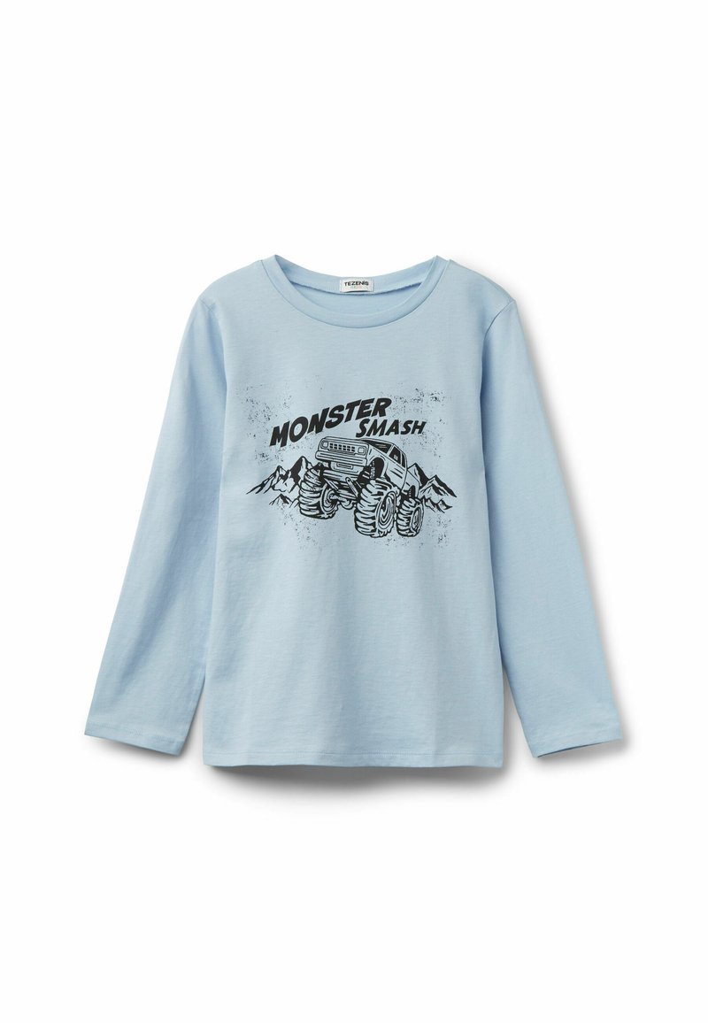 Modrá košile s dlouhým rukávem vyrobená z měkké bavlny, zdobená černým grafickým potiskem monster trucku a hor s textem "MONSTER SMASH."