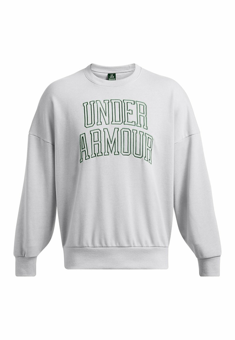 Sudadera de cuello redondo en gris claro con el texto "UNDER ARMOUR" contorneado en verde arqueado en el pecho, puños y dobladillo acanalados, y mangas largas.