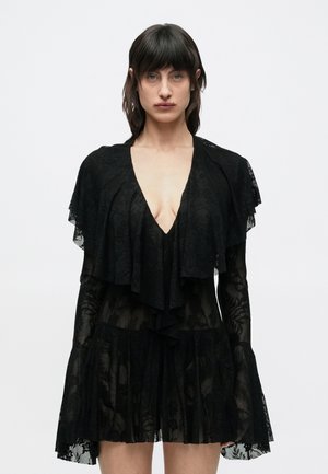 LONG SLEEVE DEEP V RUFFLE MINI DRESS - Rochie cocktail/Rochie petrecere - black