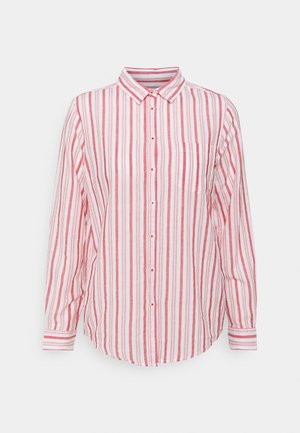 Weißes Langarmhemd mit Knopfleiste, vertikalen roten Streifen, spitzem Kragen, Brusttasche und knöpfbaren Manschetten.