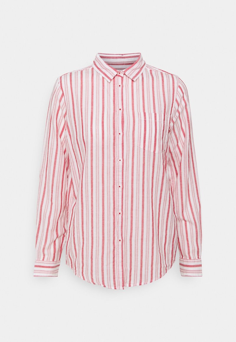 Chemise blanche à manches longues avec boutons, rayures rouges verticales, col pointu, poche avant et poignets boutonnés.