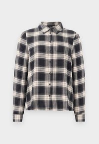 Langermet rutete skjorte i marineblått, hvitt og beige. Har standard krage, knappelukking foran, og mykt stoff med rutete mønster.