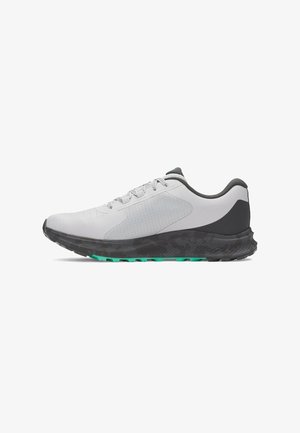 Light gray sneaker with a textured surface, black heel accent, and green outsole. Features traditional lacing and a streamlined design.