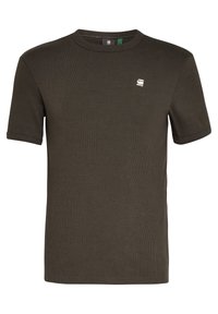 Olijfgroene geribbelde t-shirt met korte mouwen, een ronde hals en een klein logo op de linkerkant van de borst. Gemaakt van katoen met een textuurafwerking.