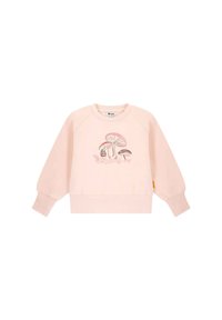 Sudadera rosa con mangas abullonadas, puños acanalados y dobladillo inferior. Presenta un diseño bordado de champiñones en la parte frontal. Tela suave.