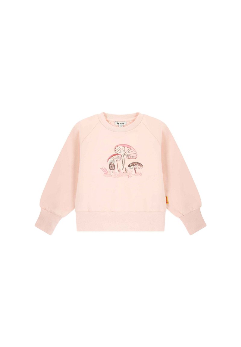 Sudadera rosa con mangas abullonadas, puños acanalados y dobladillo inferior. Presenta un diseño bordado de champiñones en la parte frontal. Tela suave.
